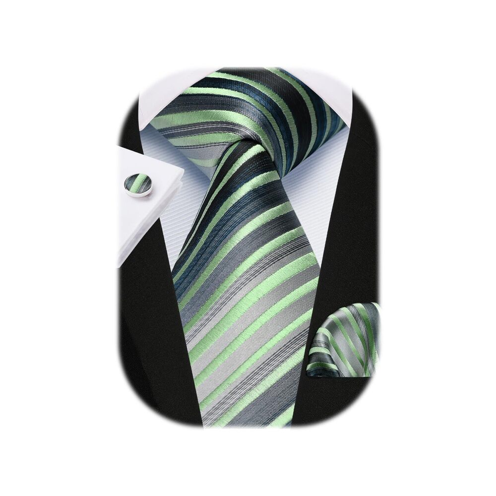3236 Green Ties Stripe Silk Formal Tie with Pocket Square Cufflinks Set
